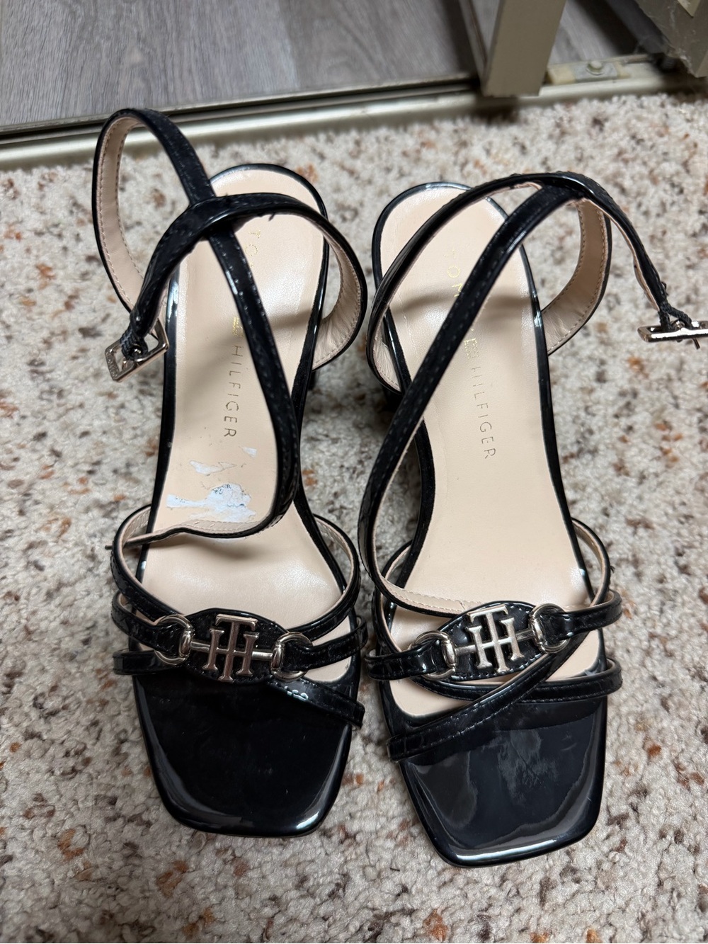 Tommy Hilfiger Black Patent Strappy Logo Heels